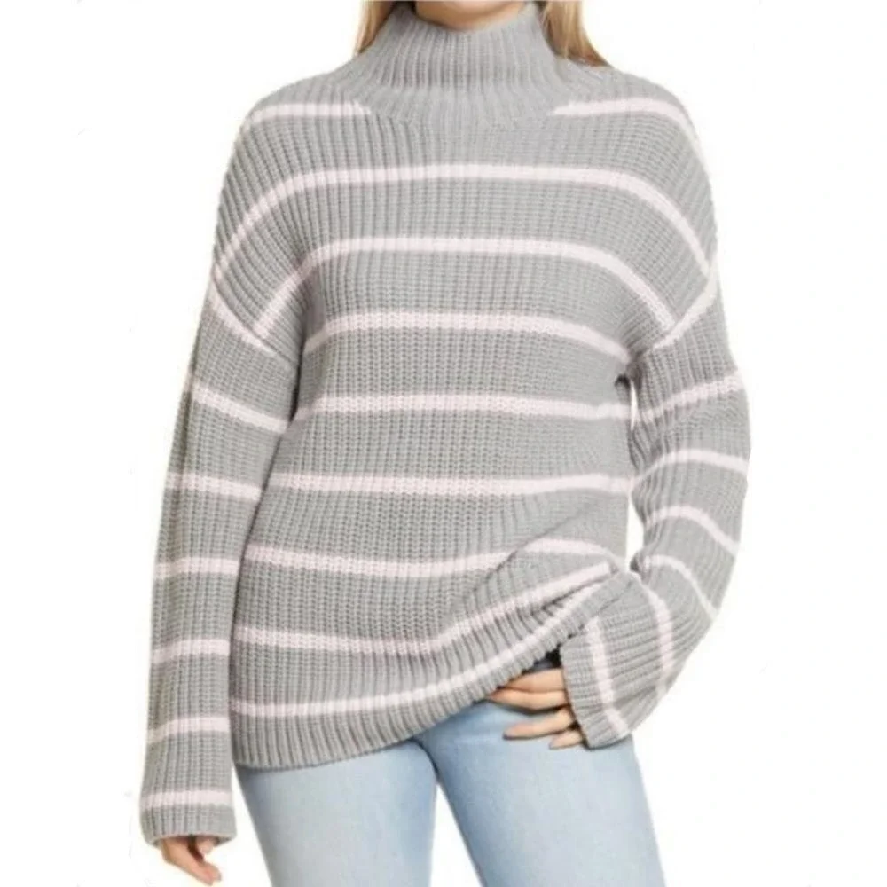 Caslon Shaker Mock Neck Sweater In Grey- Pink‎ Stripe S cozy warm 365